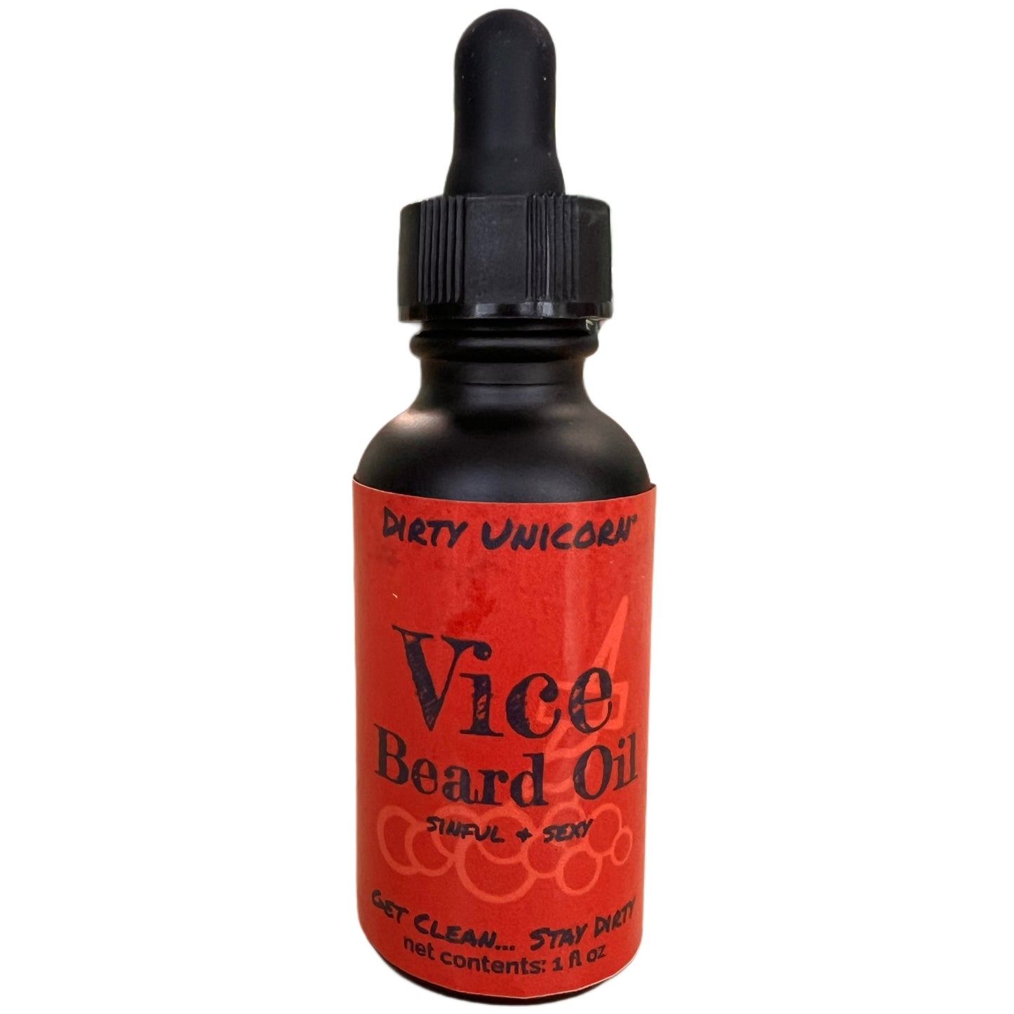 A bottle of Vice Beard Oil with a dropper cap, featuring a red label with black text and a black colored cap.
