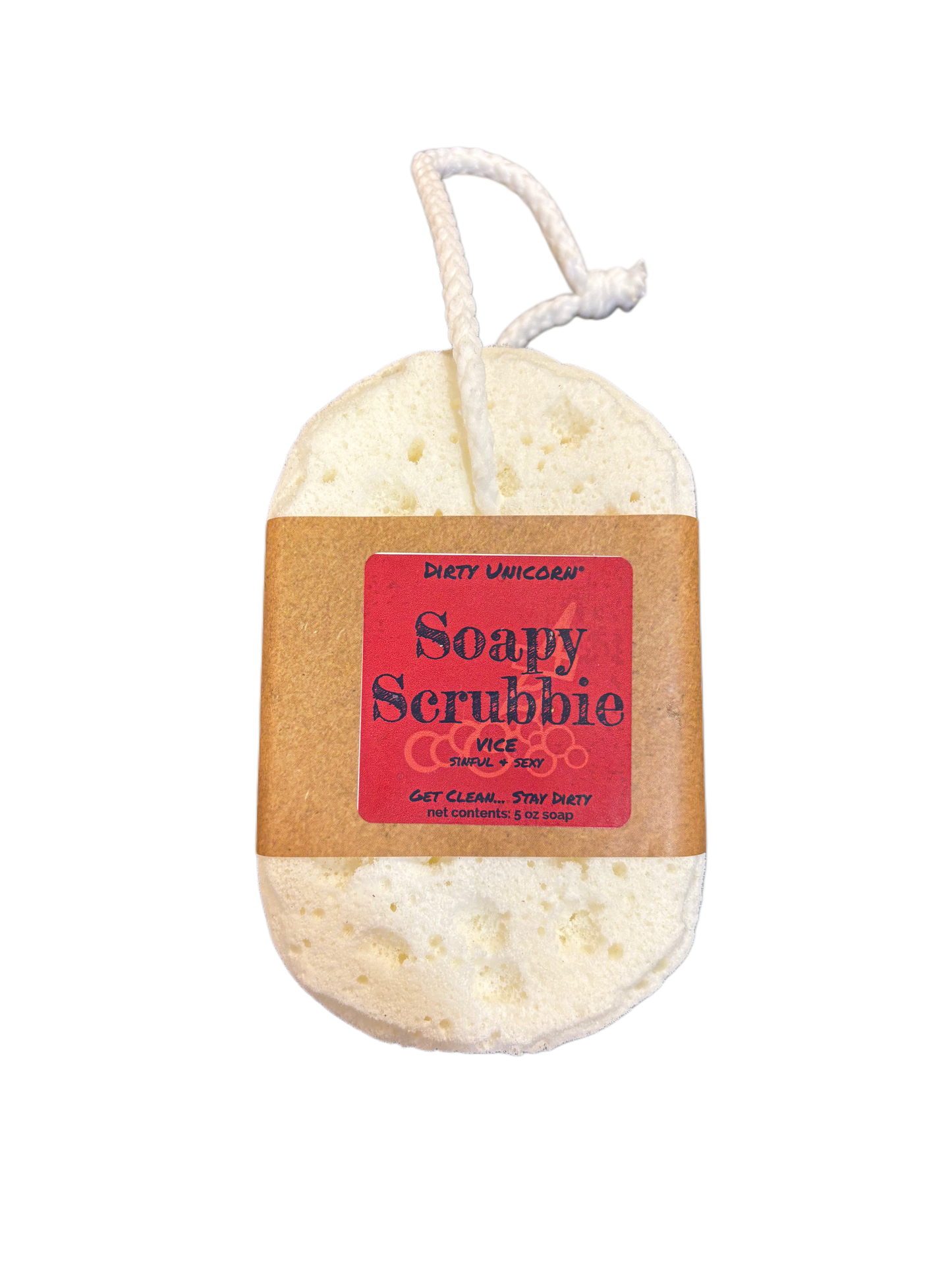 White scrubber sponge with a red label on a white background