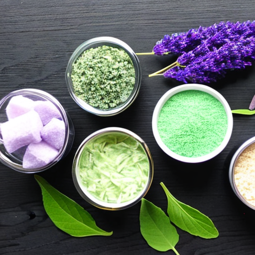 silver containers of basil, sage, and cashmere, on grey wood with lavender flowers and mint leaves