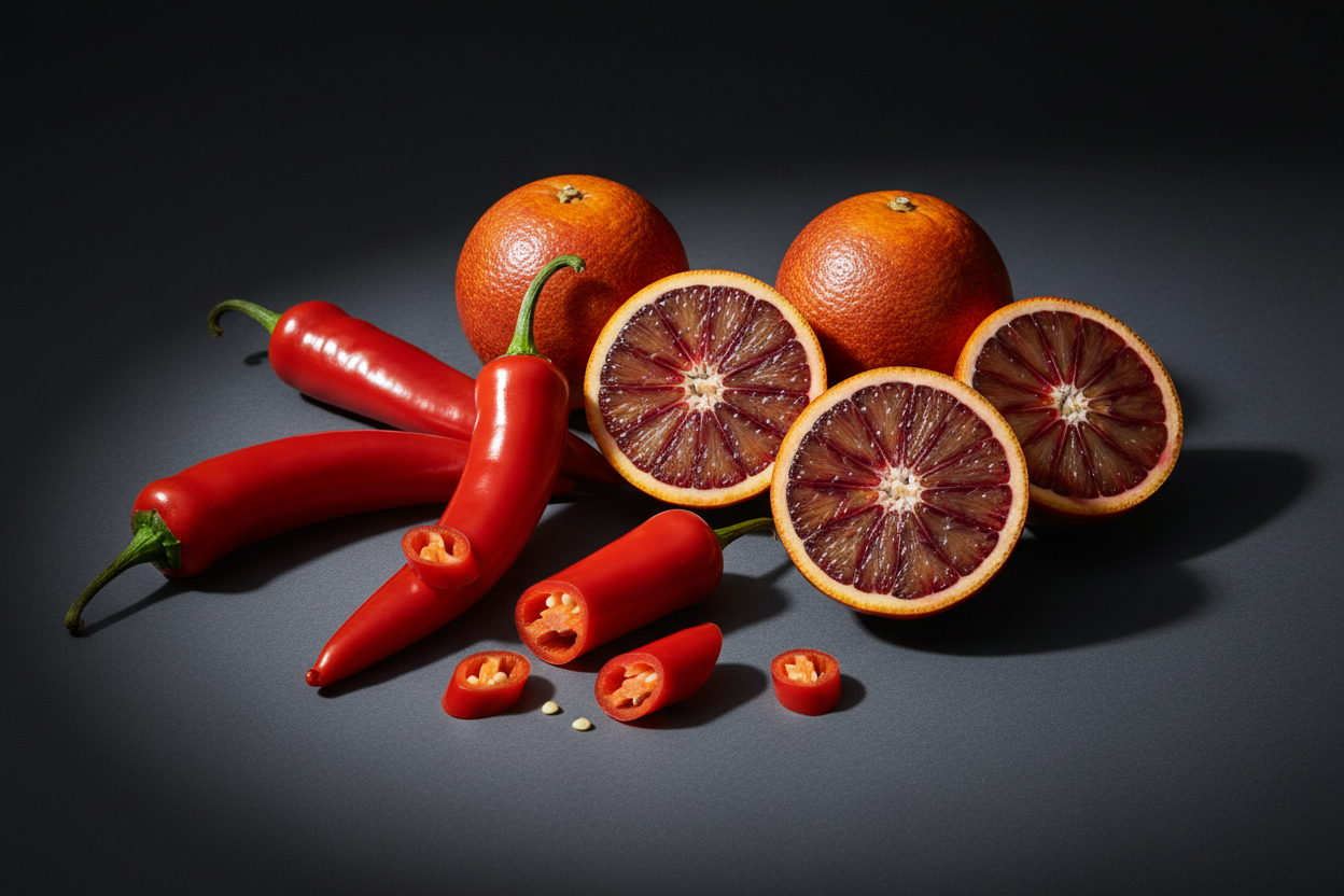 sweet chili peppers and blood oranges on contrasty plain barckground
