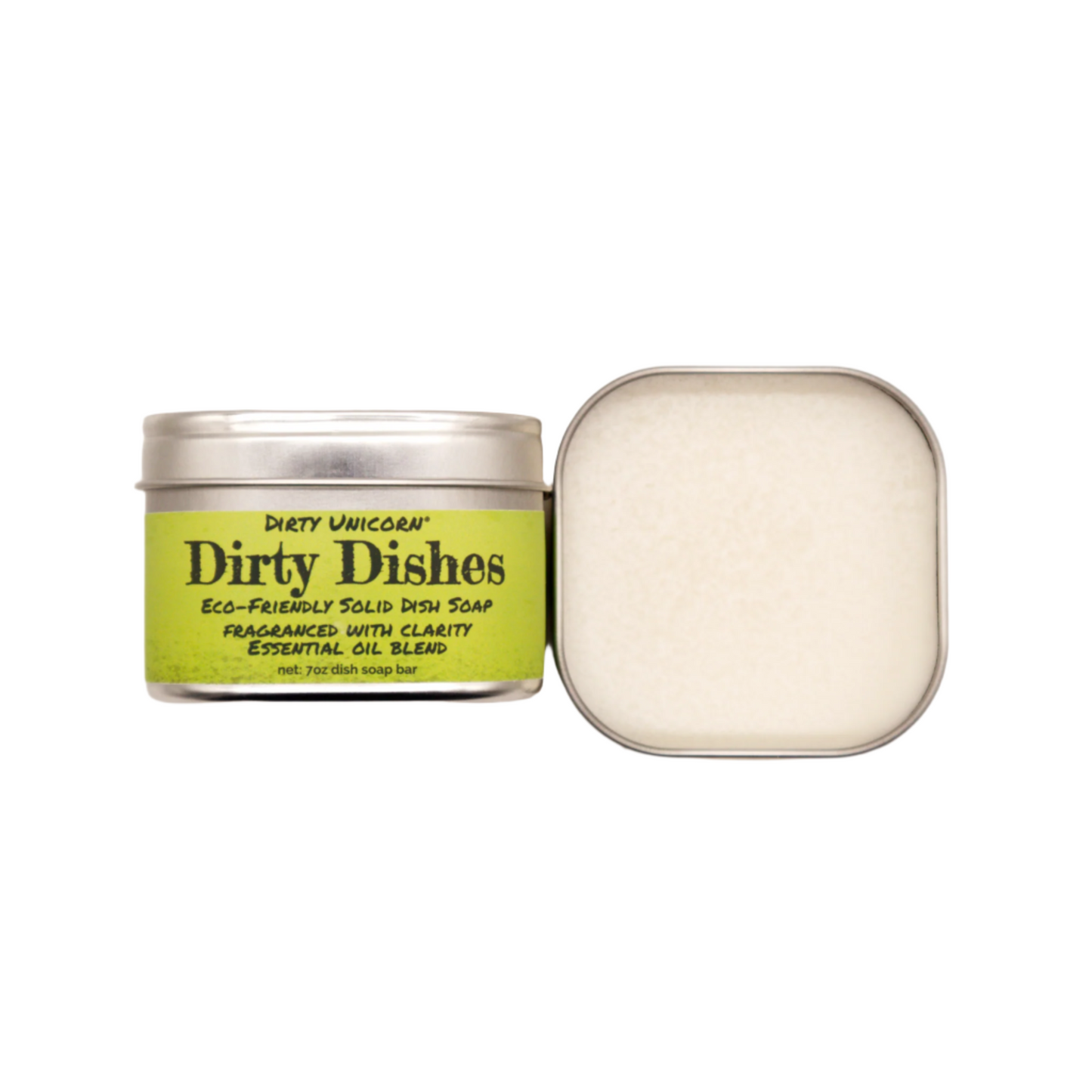 a tin of solid dish soap labeled 'Dirty Dishes - Rosemary & Orange'
