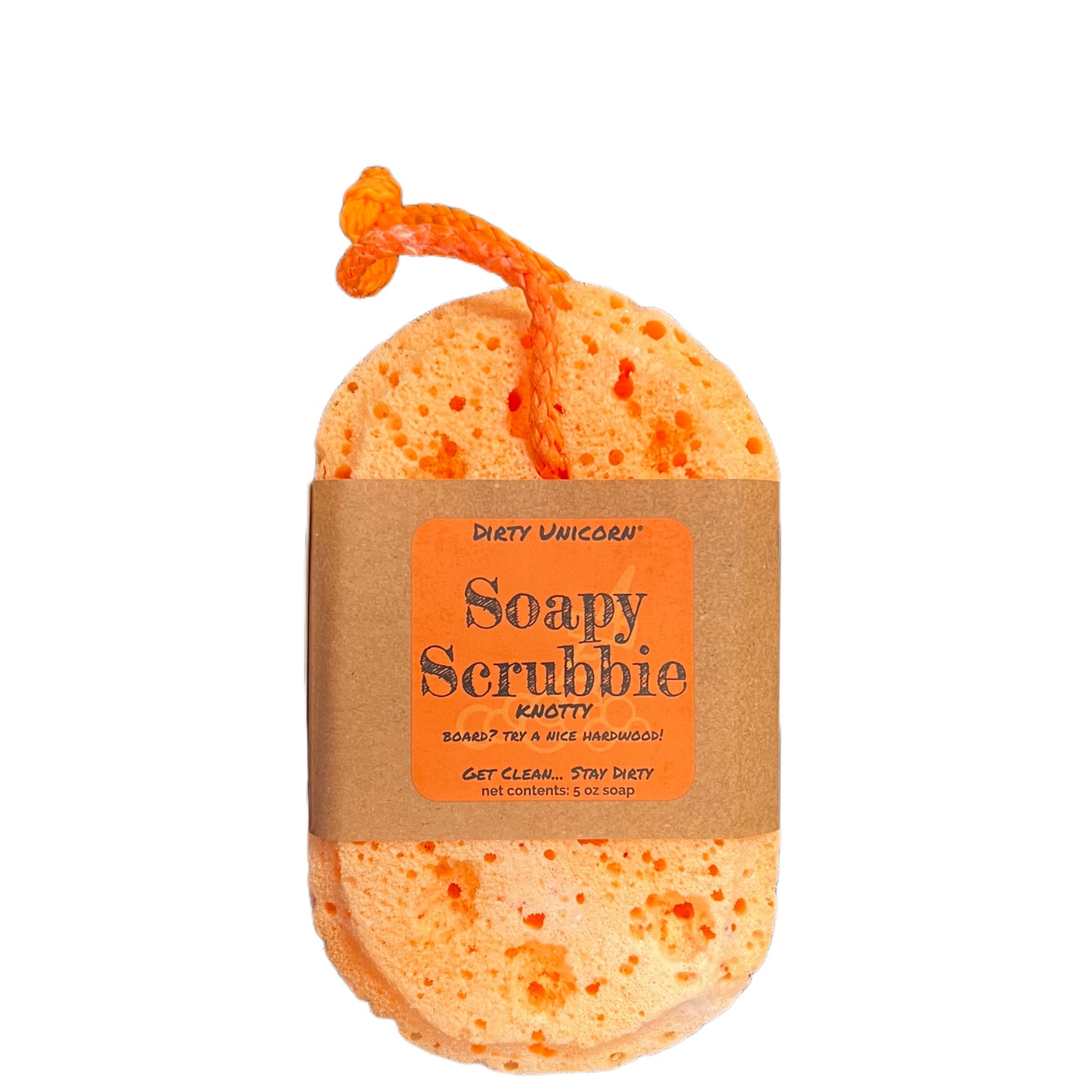 bright orange bath sponge with coordinating rope for hanging. on blank white background. Sponge is wrapped in brown Kraft paper belly band with an orange label barring product title