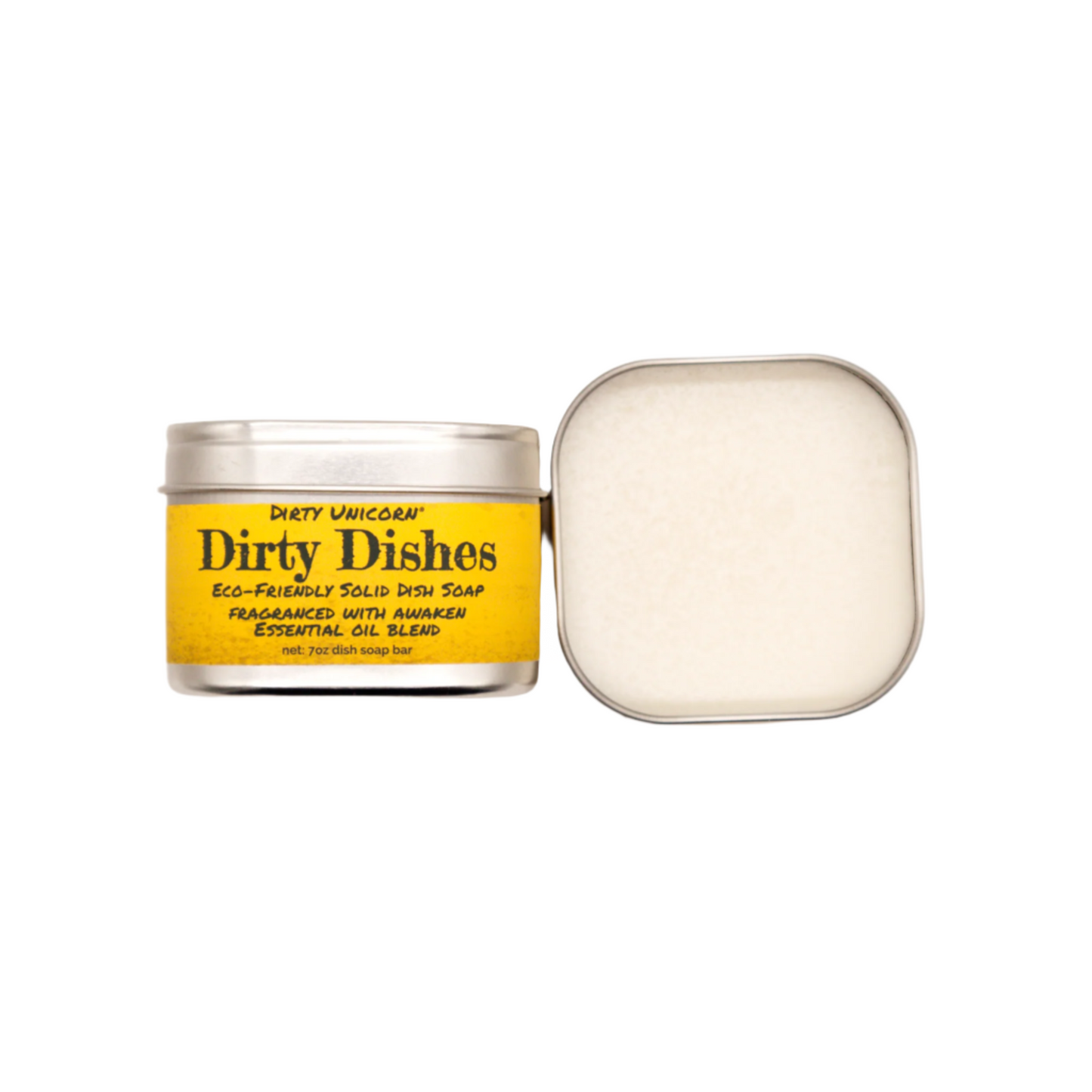 a yellow tin of organic dish soap labeled 'Dirty Unicorn',
