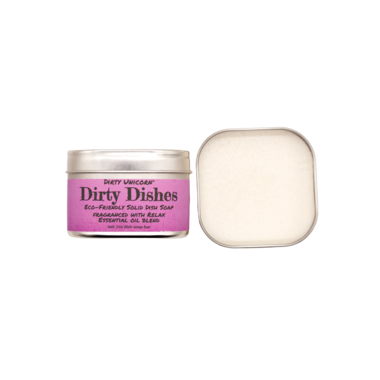a tin of 'Dirty Dishes' dish soap,