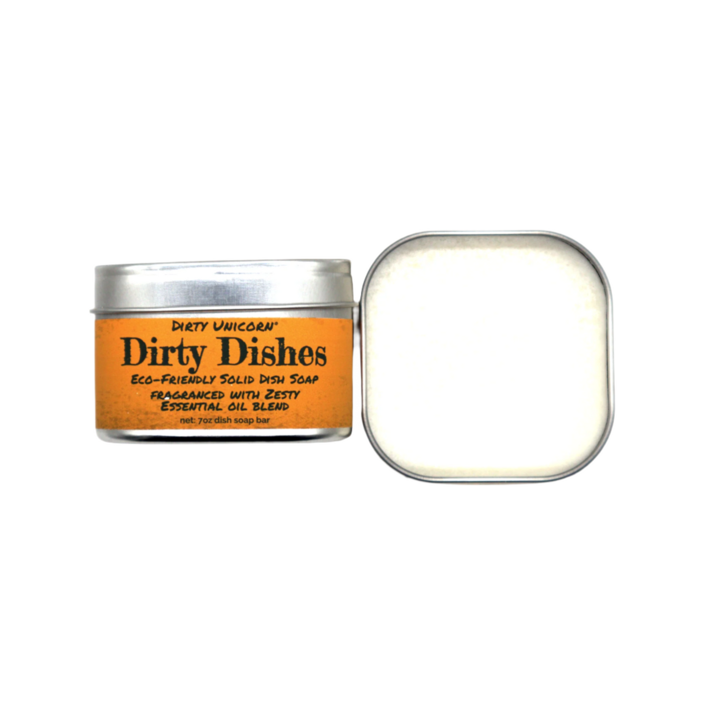 A set including a tin of organic dish soap labeled 'Dirty Dishes - Orange & Lemon'