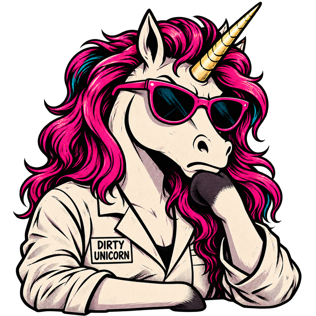 pop art unicorn in lab coat and a skeptical look