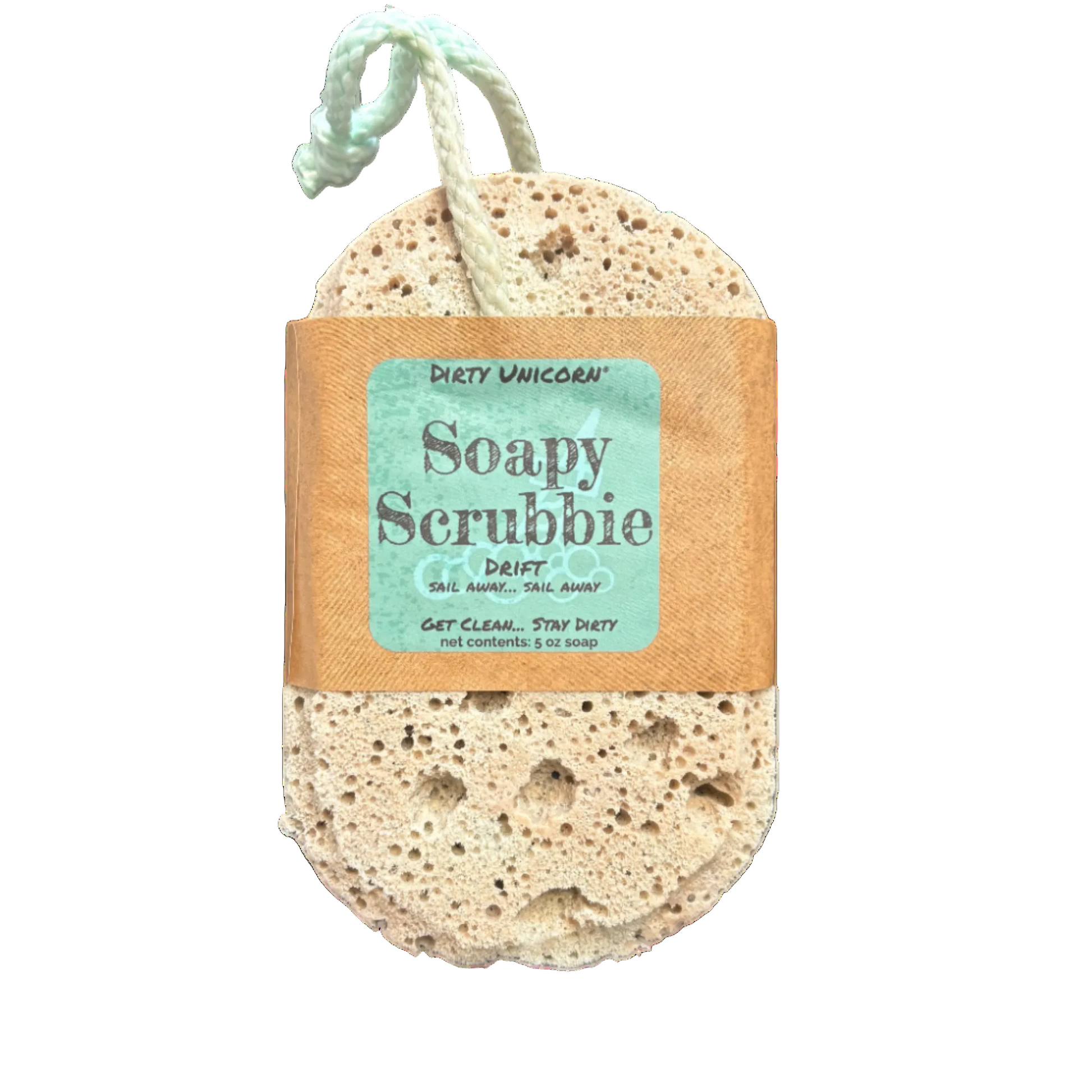 Soapy Scrubbie with 'Dirty Unicorn' label on a white background