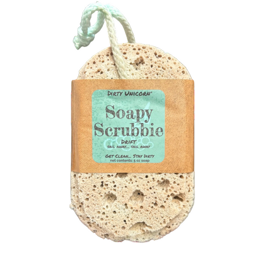 Soapy Scrubbie with 'Dirty Unicorn' label on a white background