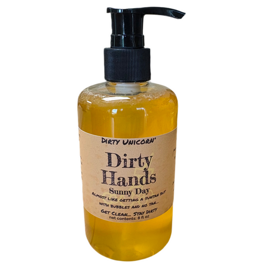 Bottle of 'Dirty Hands Sunny Day' soap with a pump on a white background