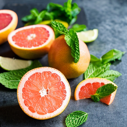 bright orange grapefruit halves sprinkled with mint leaves on grey felt