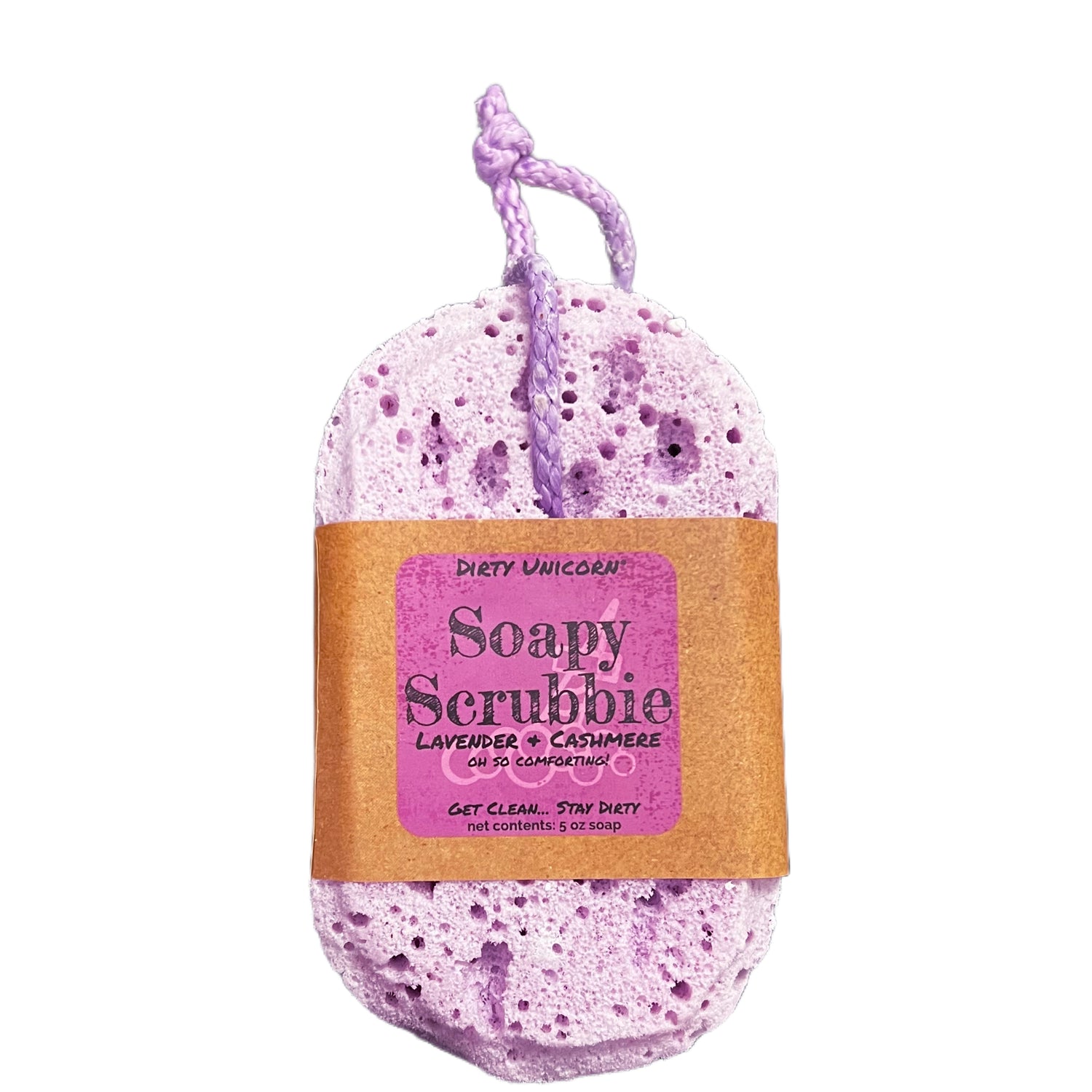 Light purple bath sponge with coordinating rope for hanging. on blank white background. Sponge is wrapped in brown Kraft paper belly band with a purple label barring product title