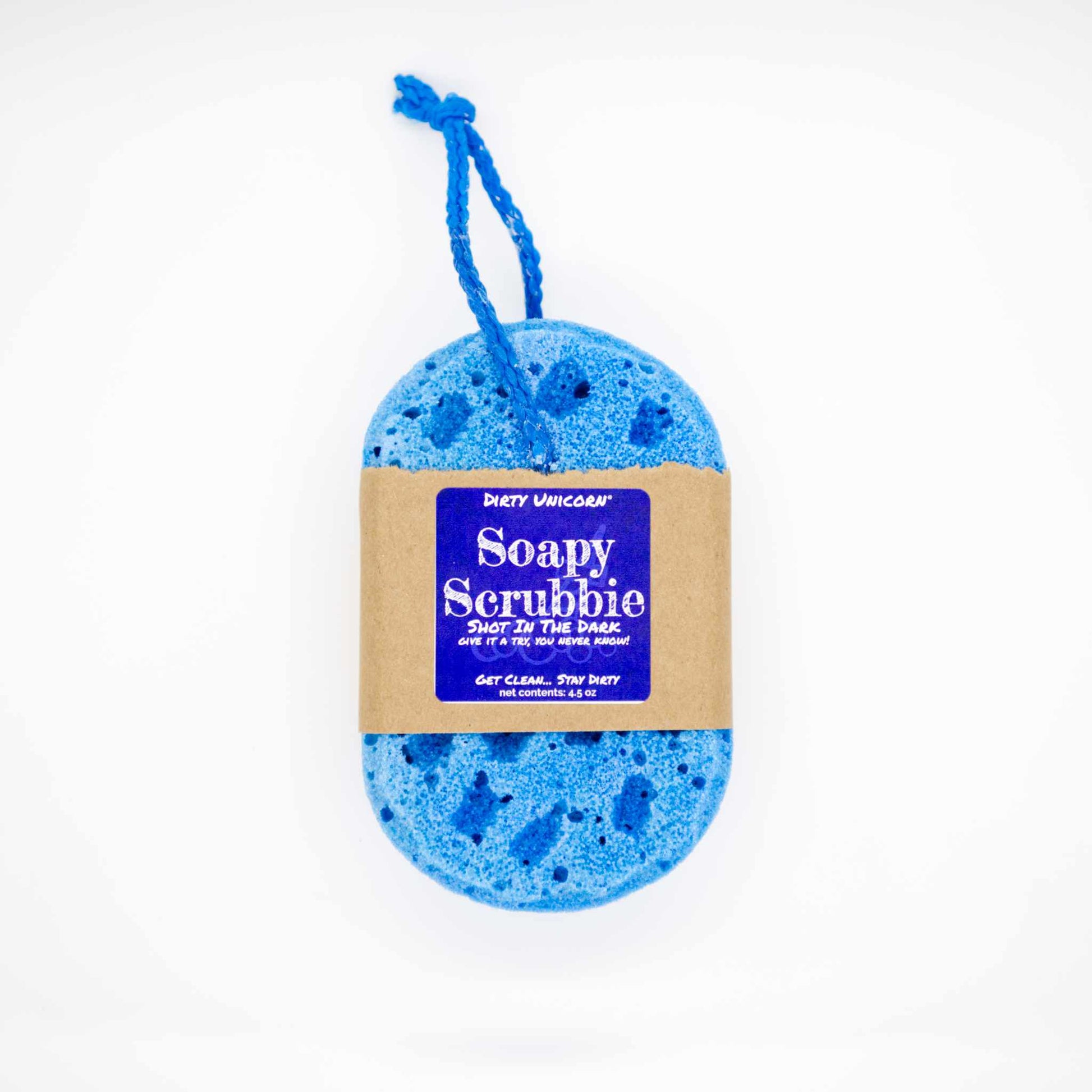 bright blue bath sponge with coordinating rope for hanging. on blank white background. Sponge is wrapped in brown Kraft paper belly band with an blue label barring product title